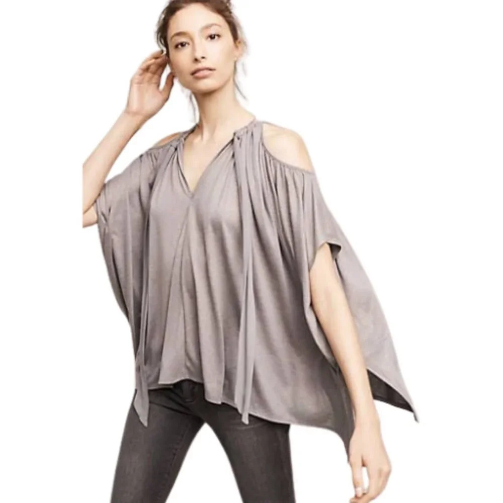 Deletta Anthropologie Womens M/L Tulay Metallic Shimmer Cold Shoulder Top
